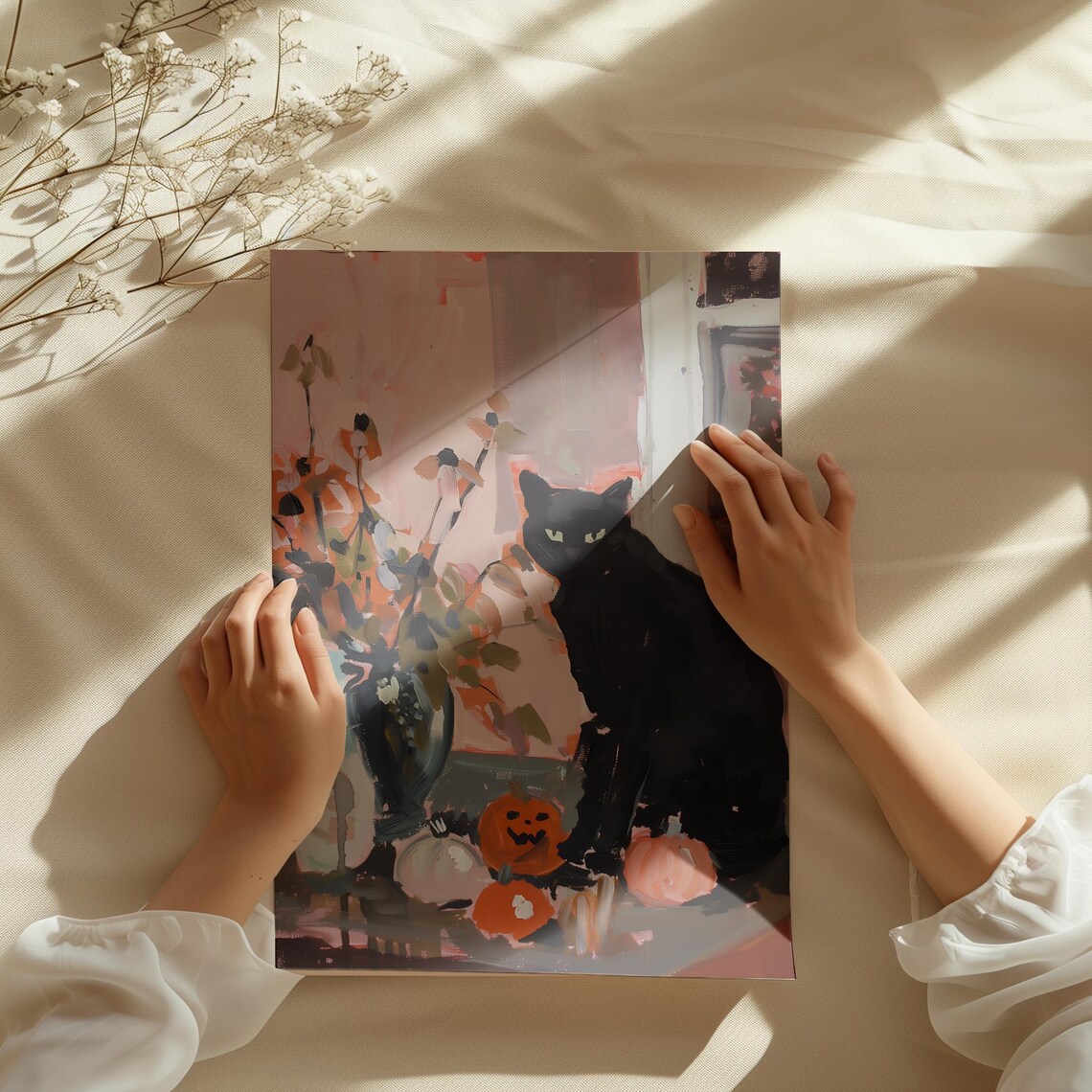 Vintage Black Cat Halloween Painting Pumpkins Fall Flowers Spooky Wall Art Print - Image 3