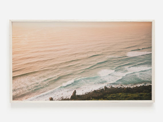 Aerial Beach Sunset, Pastel Ocean Landscape Art