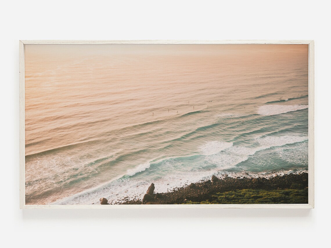 Aerial Beach Sunset, Pastel Ocean Landscape Art
