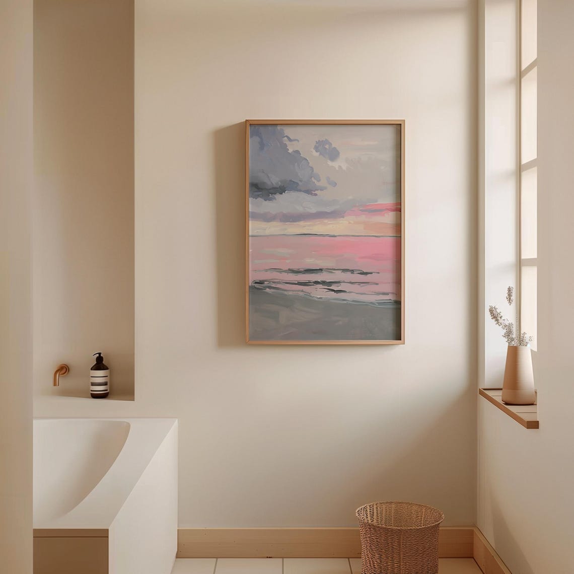 Pink Beach Sunset Hand Painted Ocean Waves Pastel Coastal Art Poster - Image 2