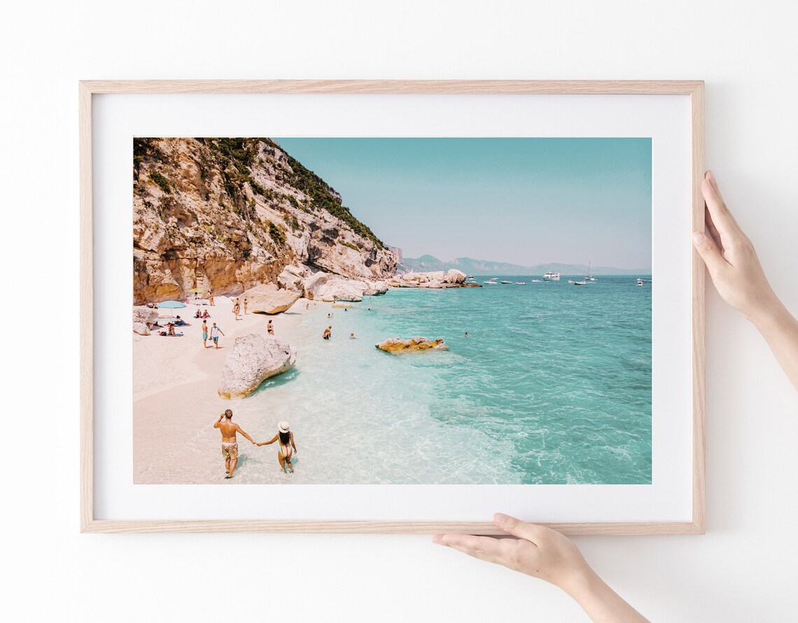 Mediterranean Turquoise Cove Beach Cliffs Couple Sandy Shore Travel Poster - Image 2