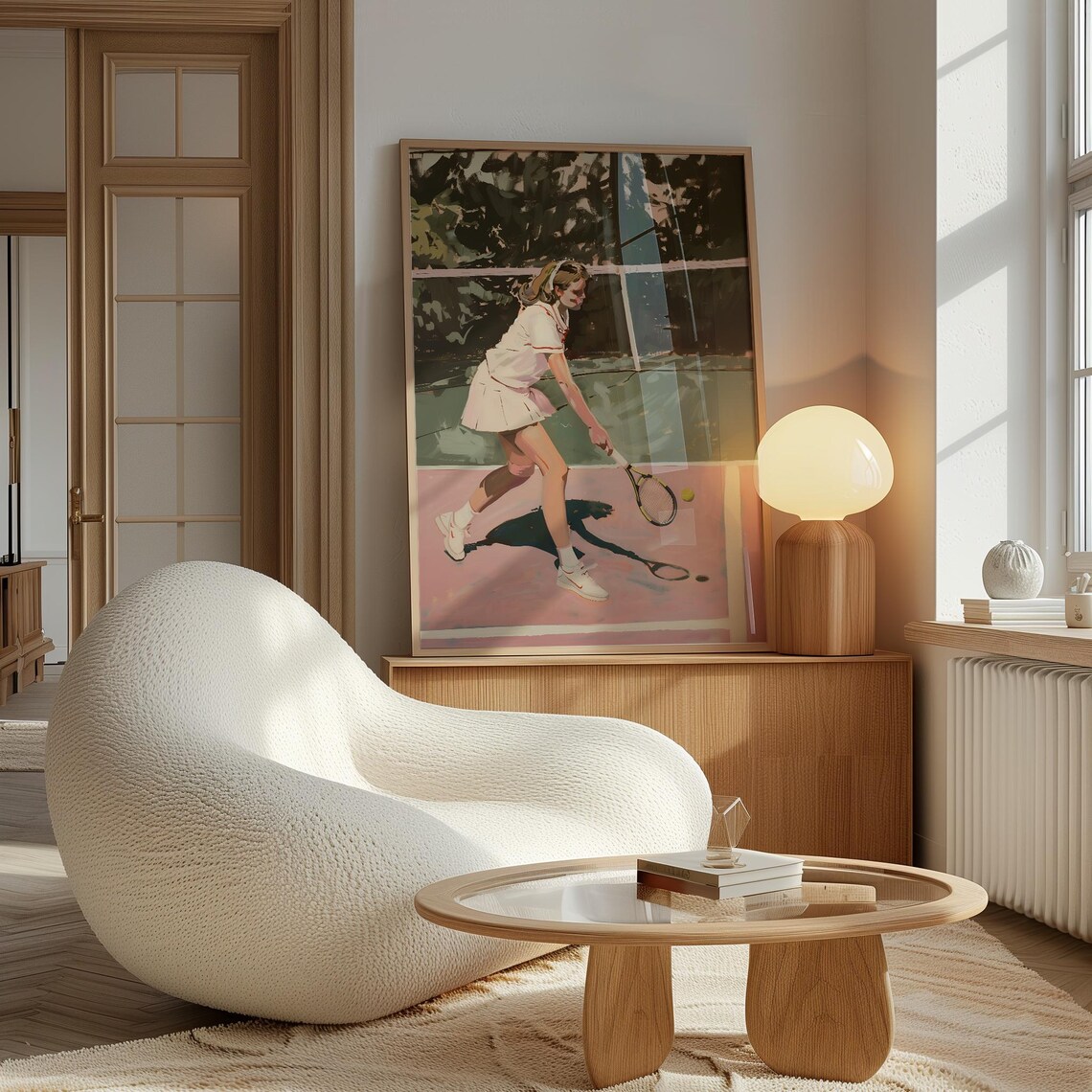 Retro Girl Playing Tennis On Pink Court Sports Painting Art Poster - Image 2