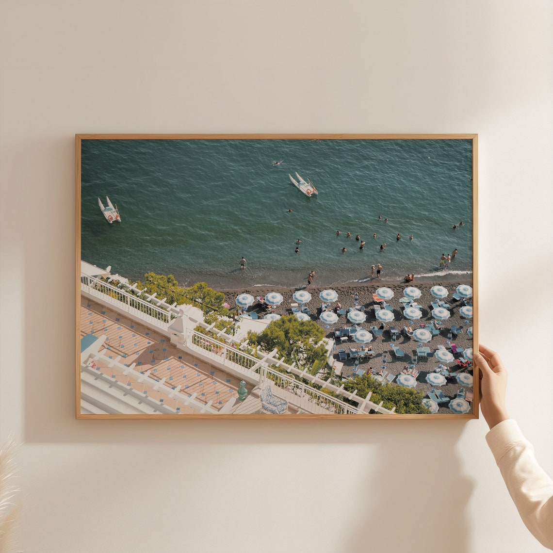 Italian Beach Club Aerial Blue White Umbrellas Shoreline View Poster - Image 3