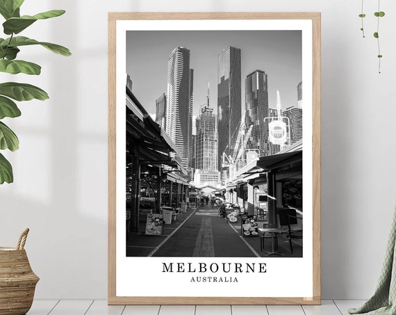 Melbourne Travel Poster Black And White City Landmark Wall Art Print Decor Gift