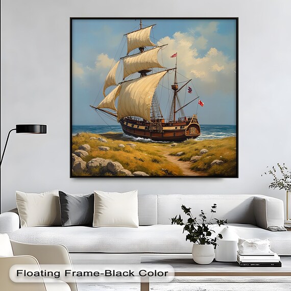Vintage Tall Sailing Ship Beached at Shore Coastal Nautical Painting Print