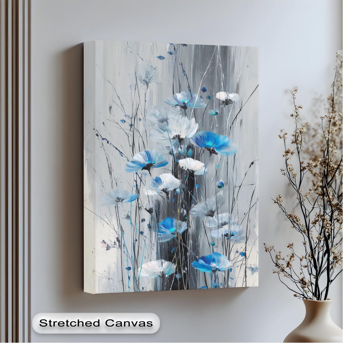 Blue Floral Canvas Wall Art Modern Botanical Print With White Frame
