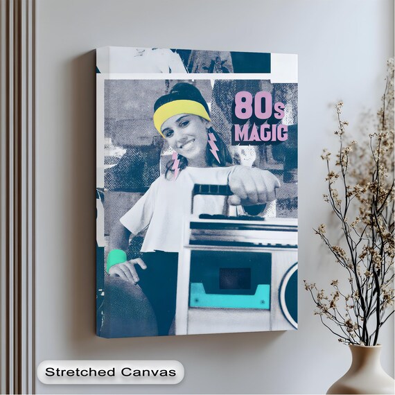 80s Pop Art Canvas Print Magic Girl With Boombox In Gold Frame