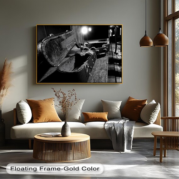 Open Guitar Case On Stage Black And White Photography Music Room Art Poster