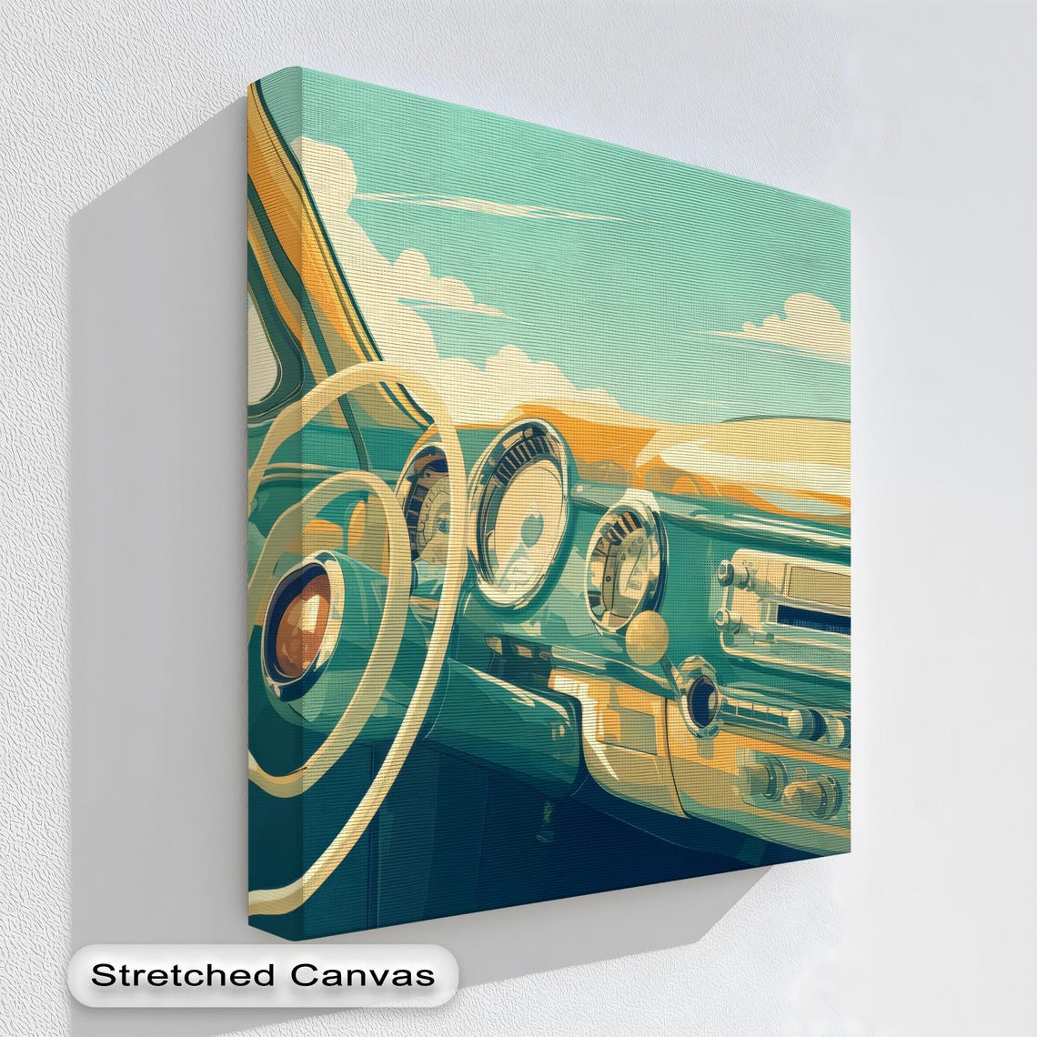 Vintage Car Dashboard Teal Retro Interior Illustration Poster
