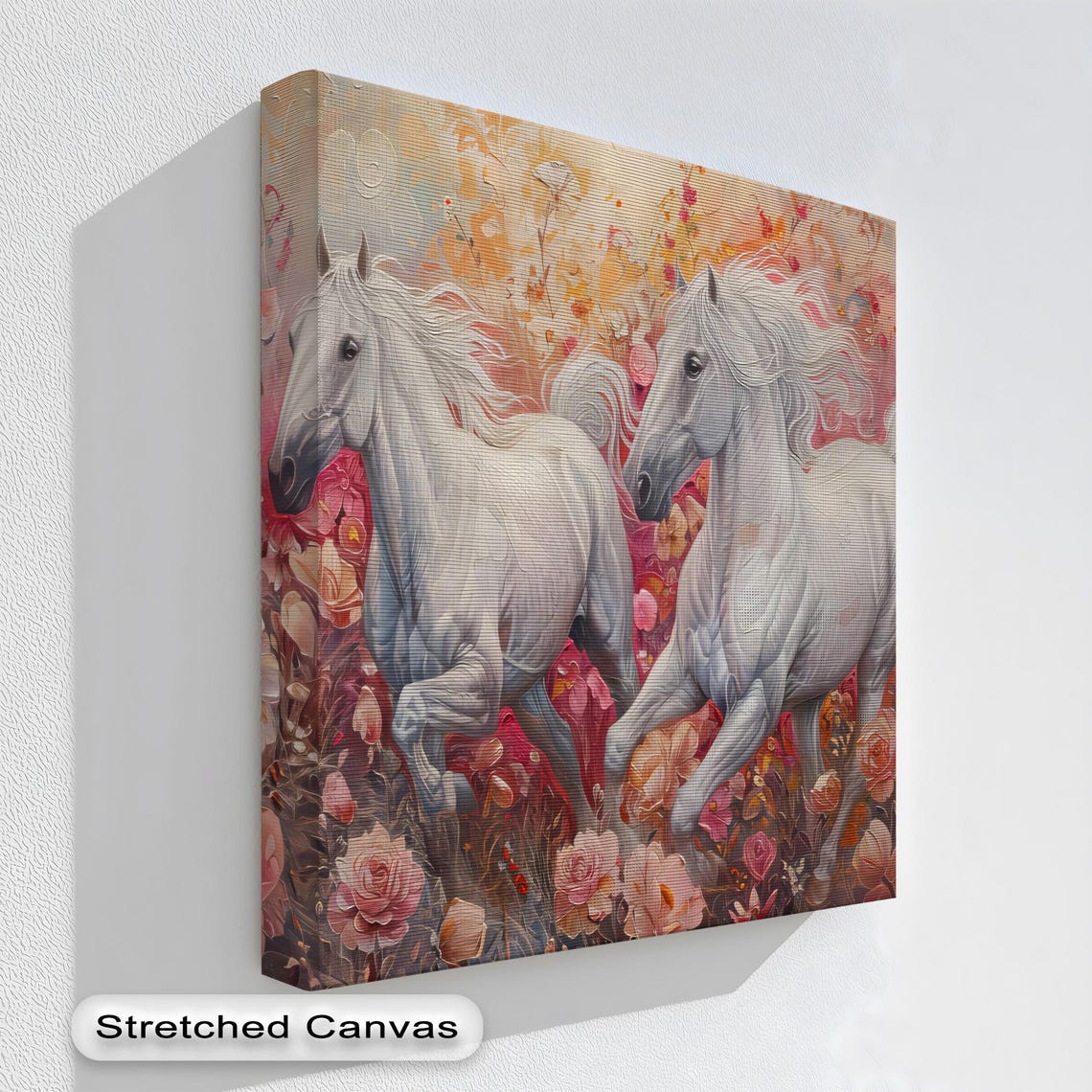 Galloping White Horses Pink Floral Pastel Fantasy Equestrian Poster