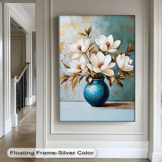 Teal Vase Floral Canvas Art Elegant Botanical Print On Stretched