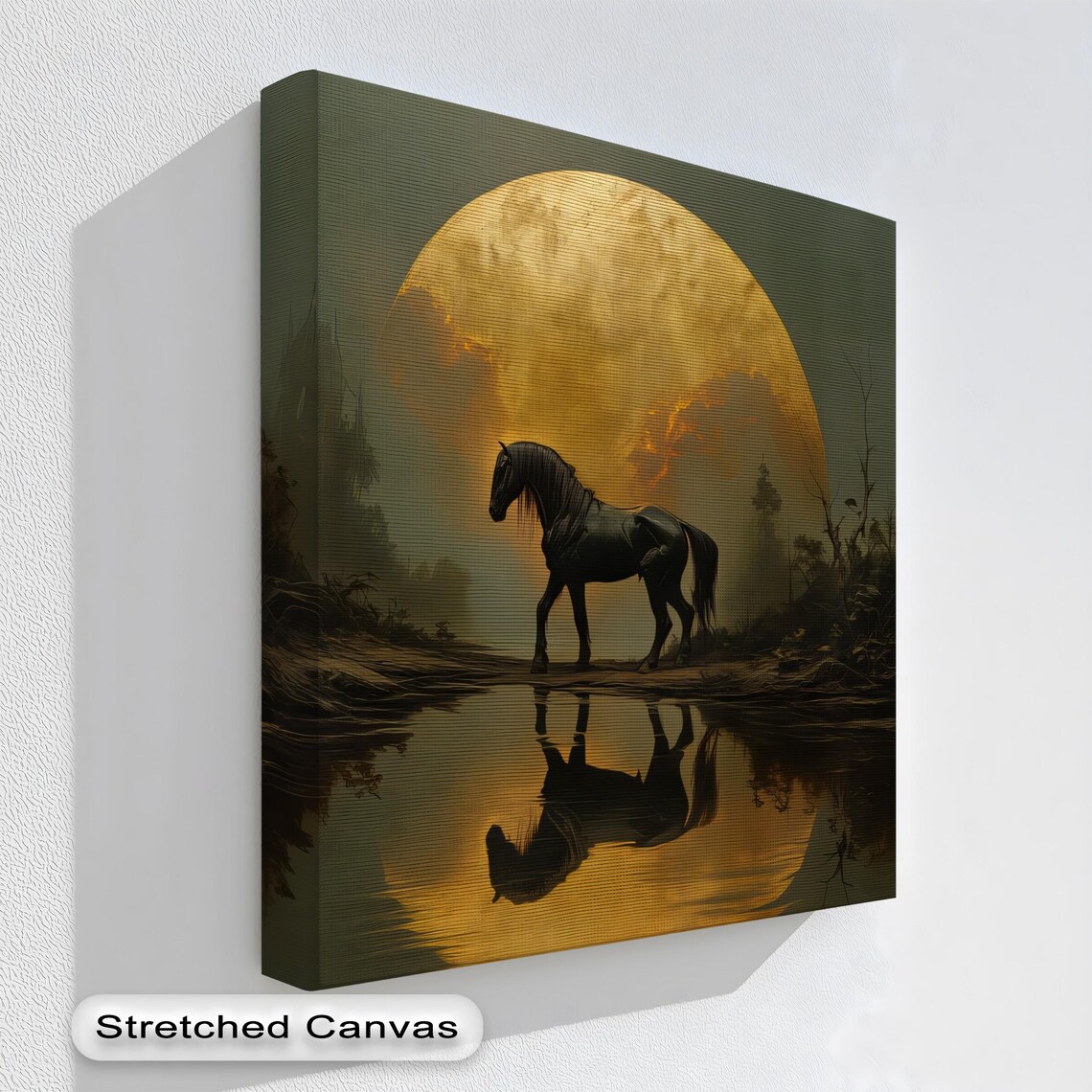 Moonlit Black Horse Golden Moon Reflection Mystical Equine Art Print