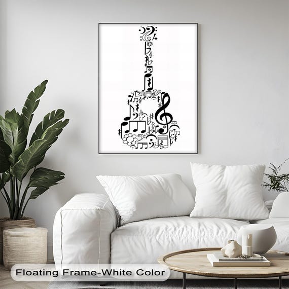 Music Note Guitar Art Black White Minimalist Canvas With Anthracite Frame