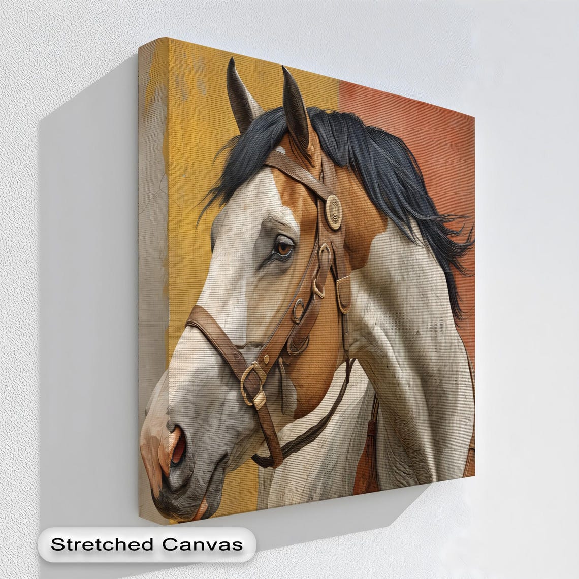 Bridled Pinto Horse Portrait Warm Orange Rustic Equestrian Print