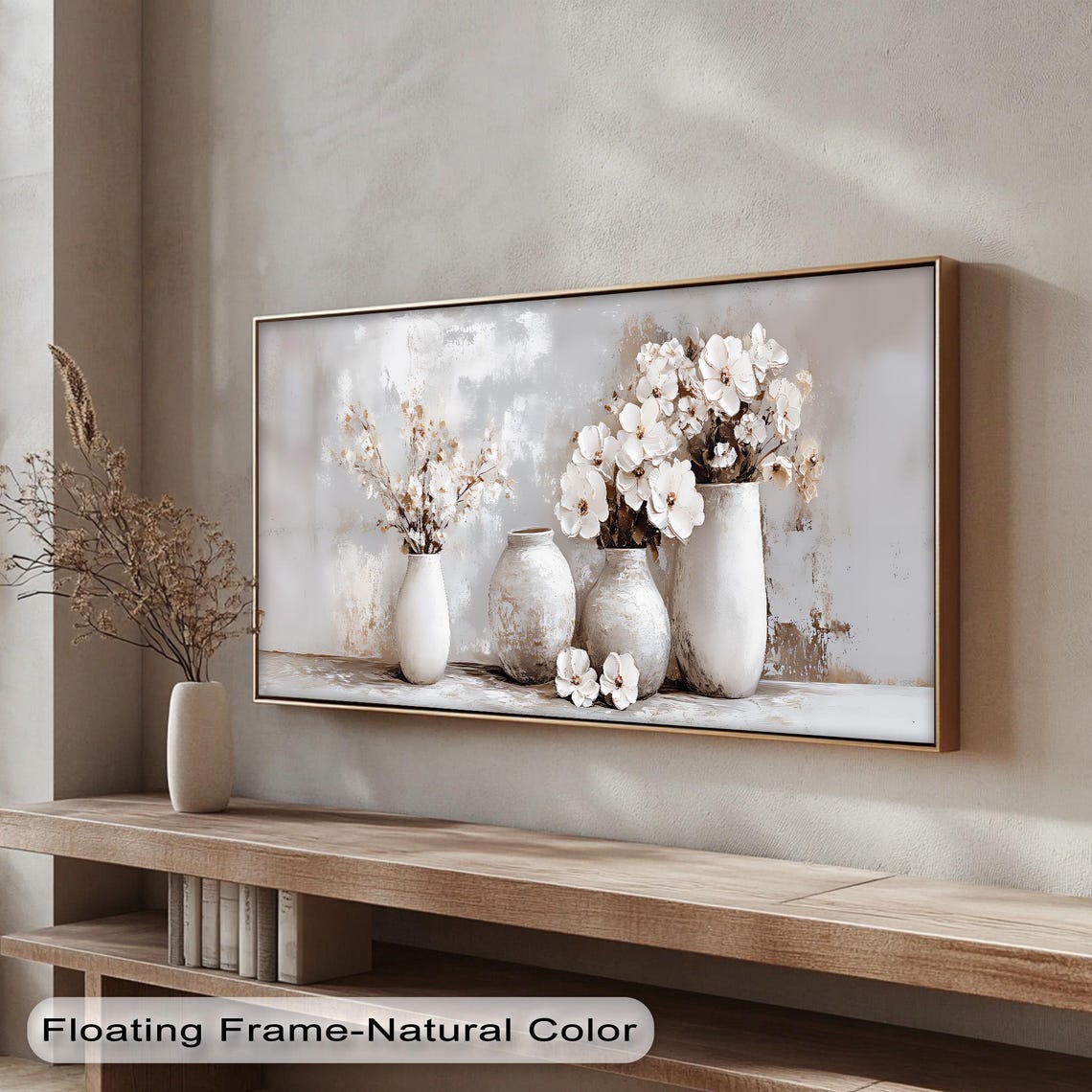 Neutral White Floral Vases Panoramic Beige Still Life Wall Art