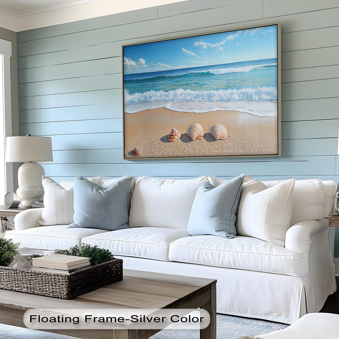Seashells on Sandy Beach Ocean Waves Coastal Painting Wall Poster