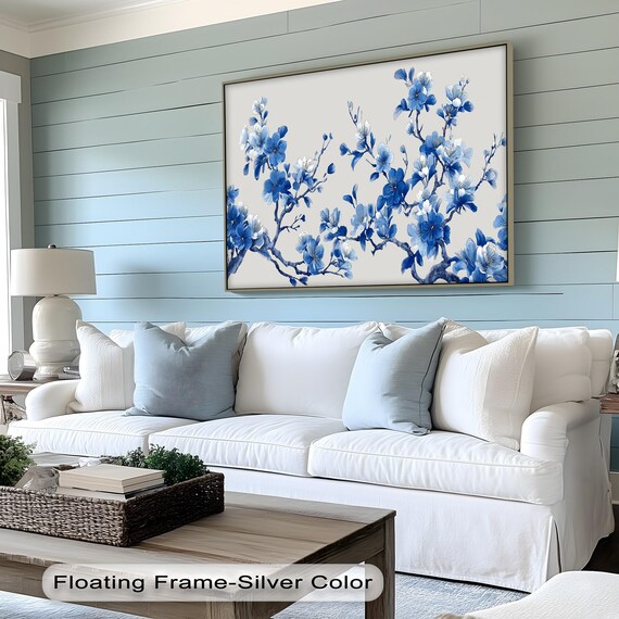 Blue Cherry Blossom Branch Asian Floral Delft Style Wall Art
