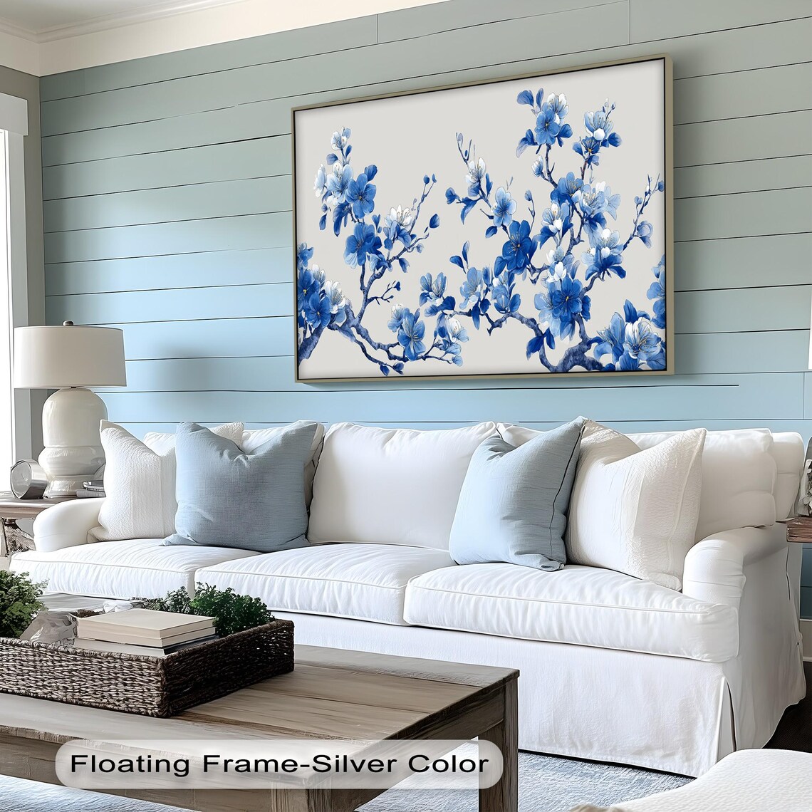 Blue Cherry Blossom Branch Asian Floral Delft Style Wall Art