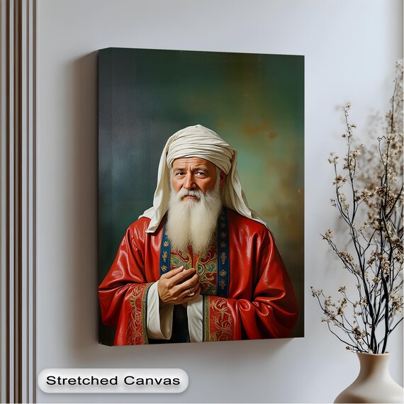 Oriental Scholar Portrait Poster in Red Robe and White Turban Art