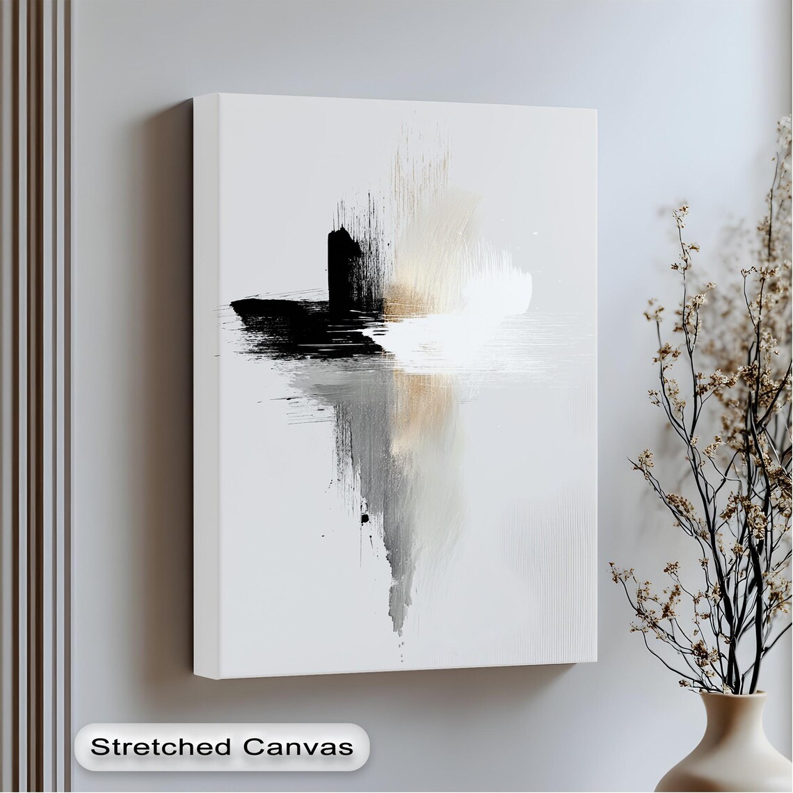 Minimalist Abstract Canvas Art Black White Gold With Floating Frame