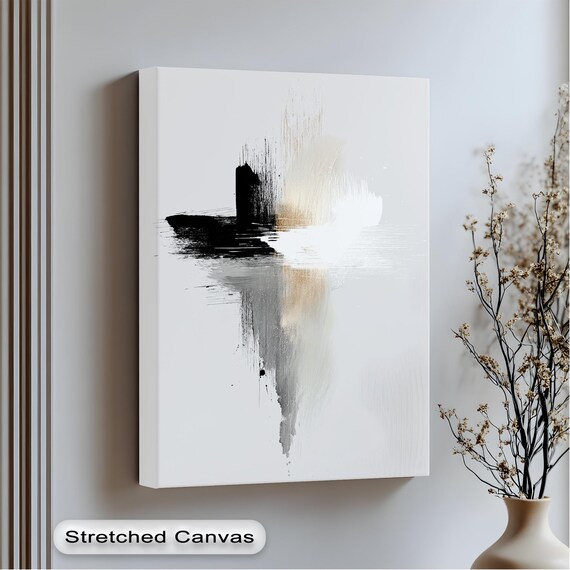 Minimalist Abstract Canvas Art Black White Gold With Floating Frame