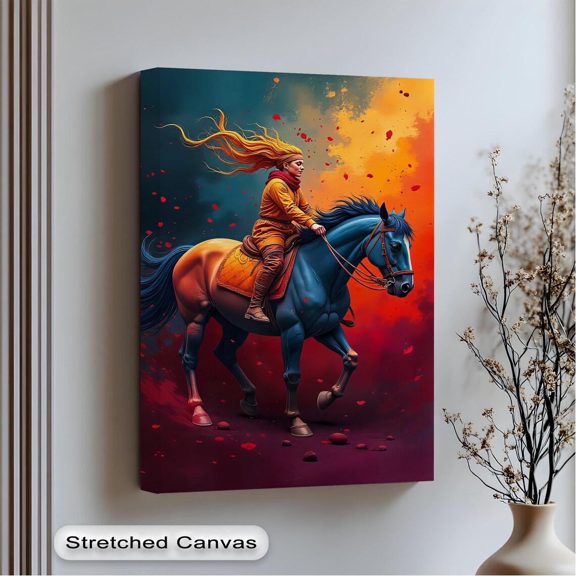 Fiery Woman Riding Blue Horse Sunset Equestrian Canvas Wall Art