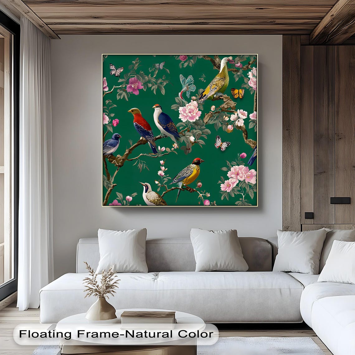 Tropical Birds Canvas Wall Art Green Botanical Prints With Silver Framed Artwork