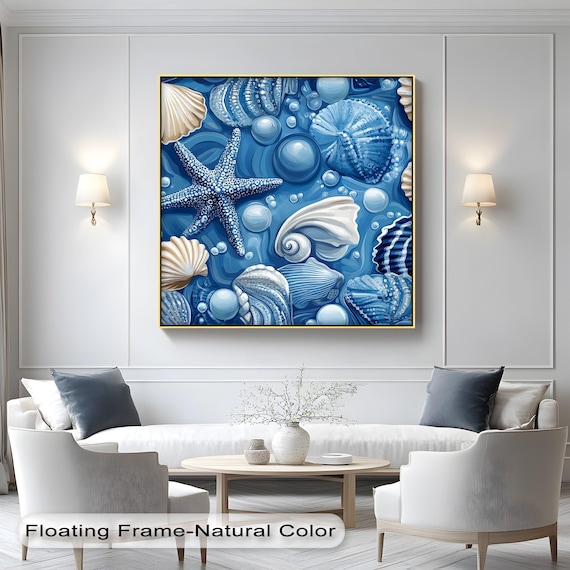 Blue Seashell Pattern Nautical Coastal Starfish Beach Decor Wall Poster