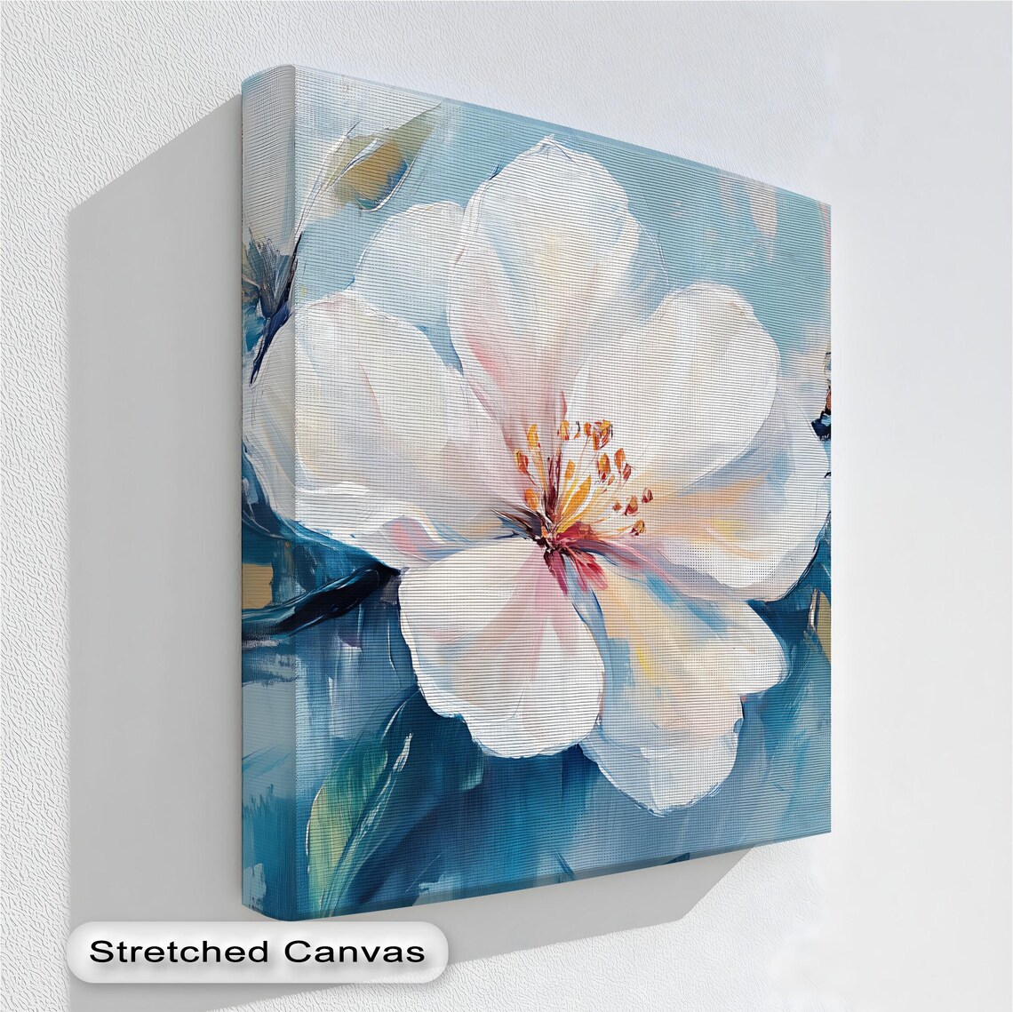 White Magnolia Flower Oil Painting Blue Background Floral Art Print