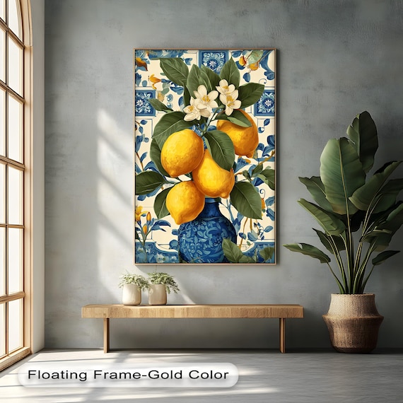 Lemons Blue Vase Citrus Blossoms Mediterranean Tile Botanical Wall Art
