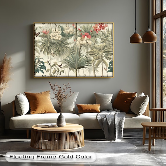Vintage Tropical Jungle Palm Hibiscus Botanical Sage Cream Wall Art