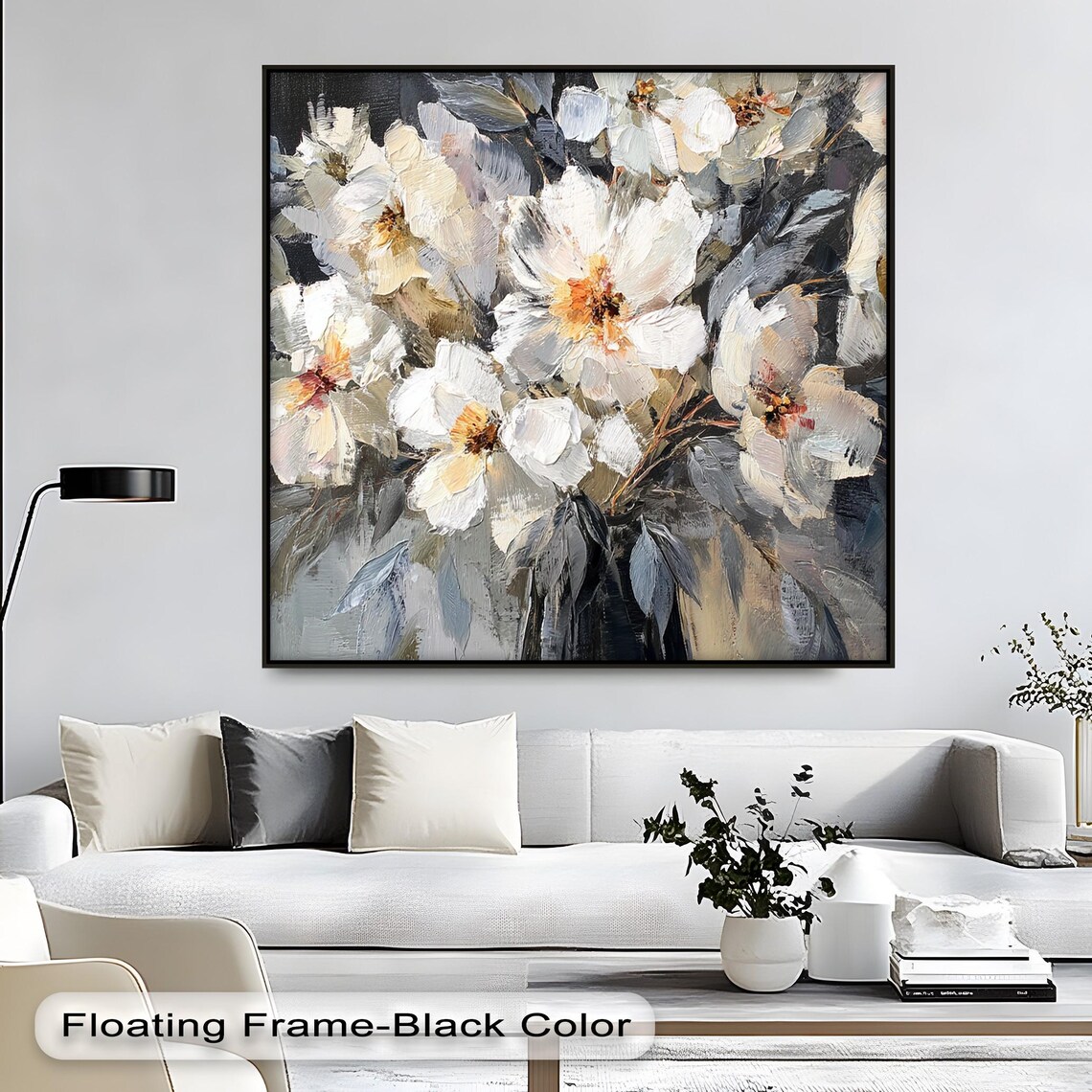 White Floral Impasto Oil Painting Dark Background Botanical Art Print