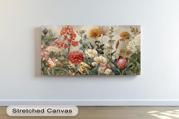 Vintage Botanical Garden Canvas Art Panoramic Floral Gold Frame
