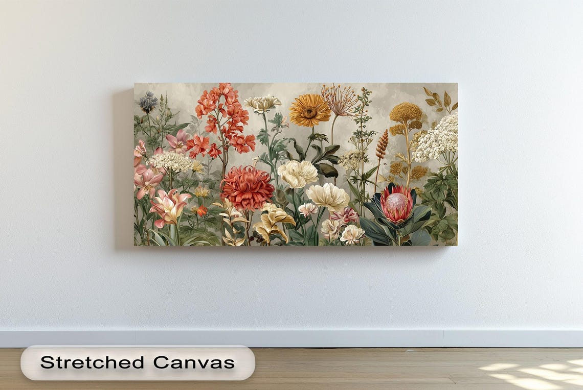 Vintage Botanical Garden Canvas Art Panoramic Floral Gold Frame