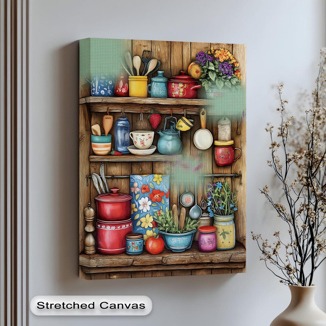 Rustic Kitchen Shelf Pots Jars Vintage Cooking Farmhouse Poster