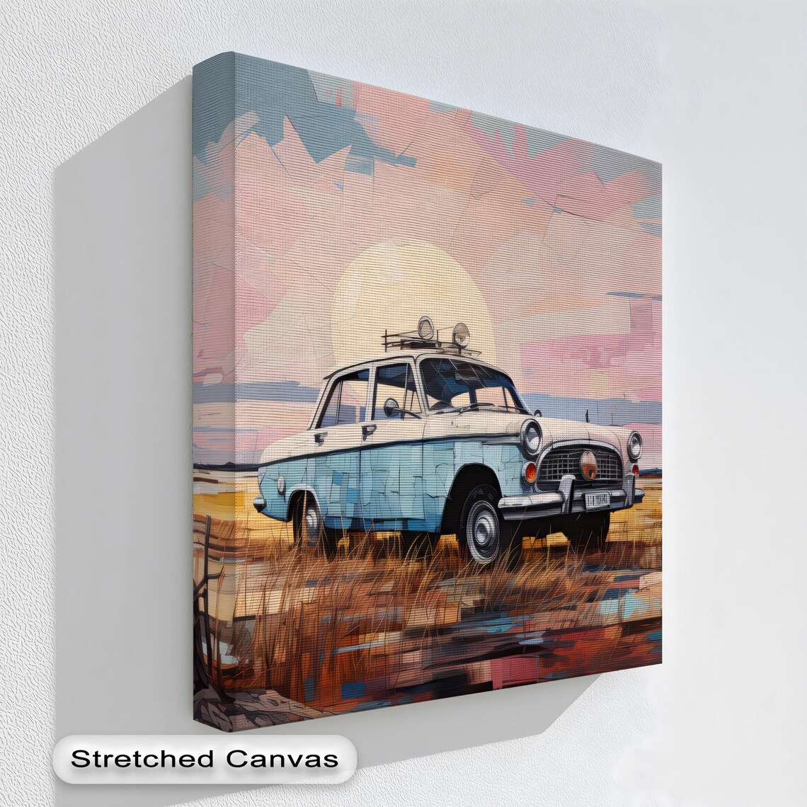 Vintage Blue Sedan Sunset Pastel Landscape Retro Car Art Poster