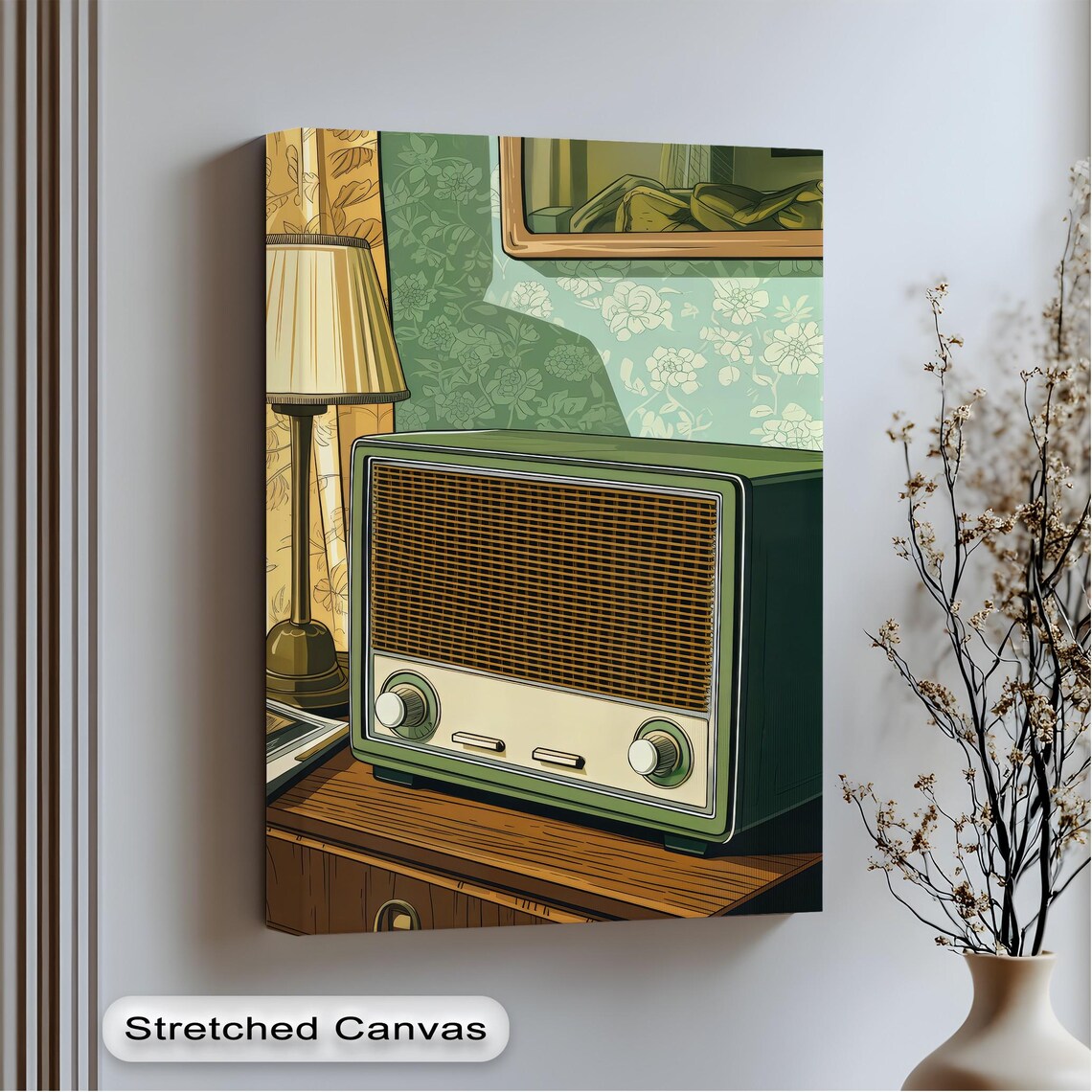 Vintage Green Radio Cozy Floral Living Room Retro Scene Poster