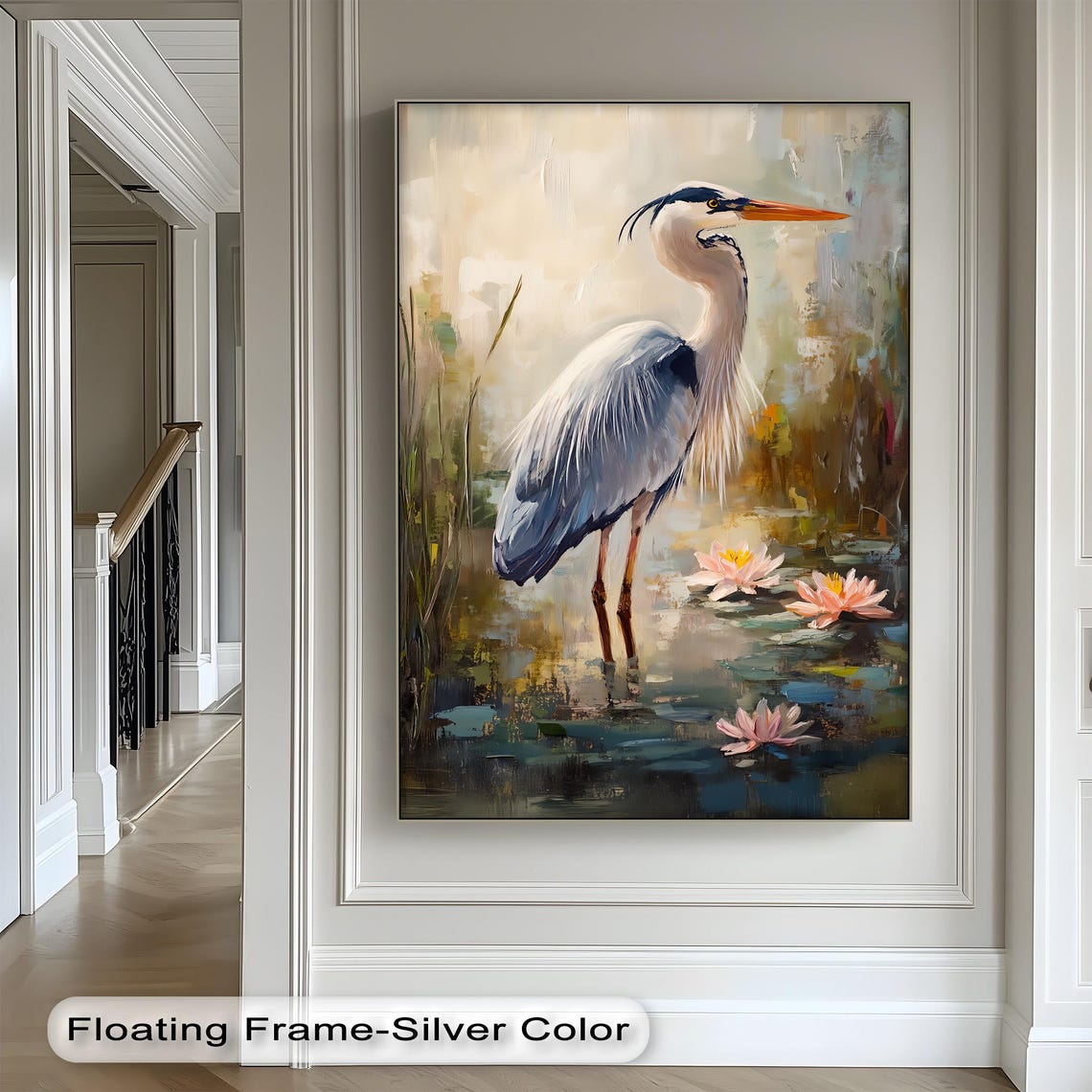 Blue Heron And Purple Flowers Canvas Print Tranquil Pond Scene Nature