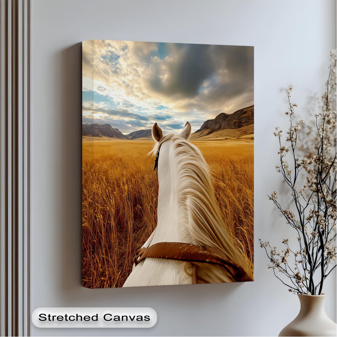 White Horse Golden Wheat Field Mountain Sunset Scenic Poster