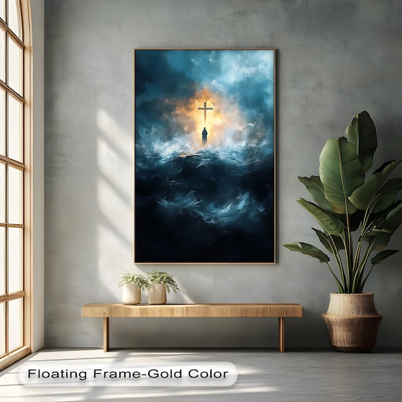 Glowing Cross Stormy Sea Christian Faith Inspirational Artwork Poster