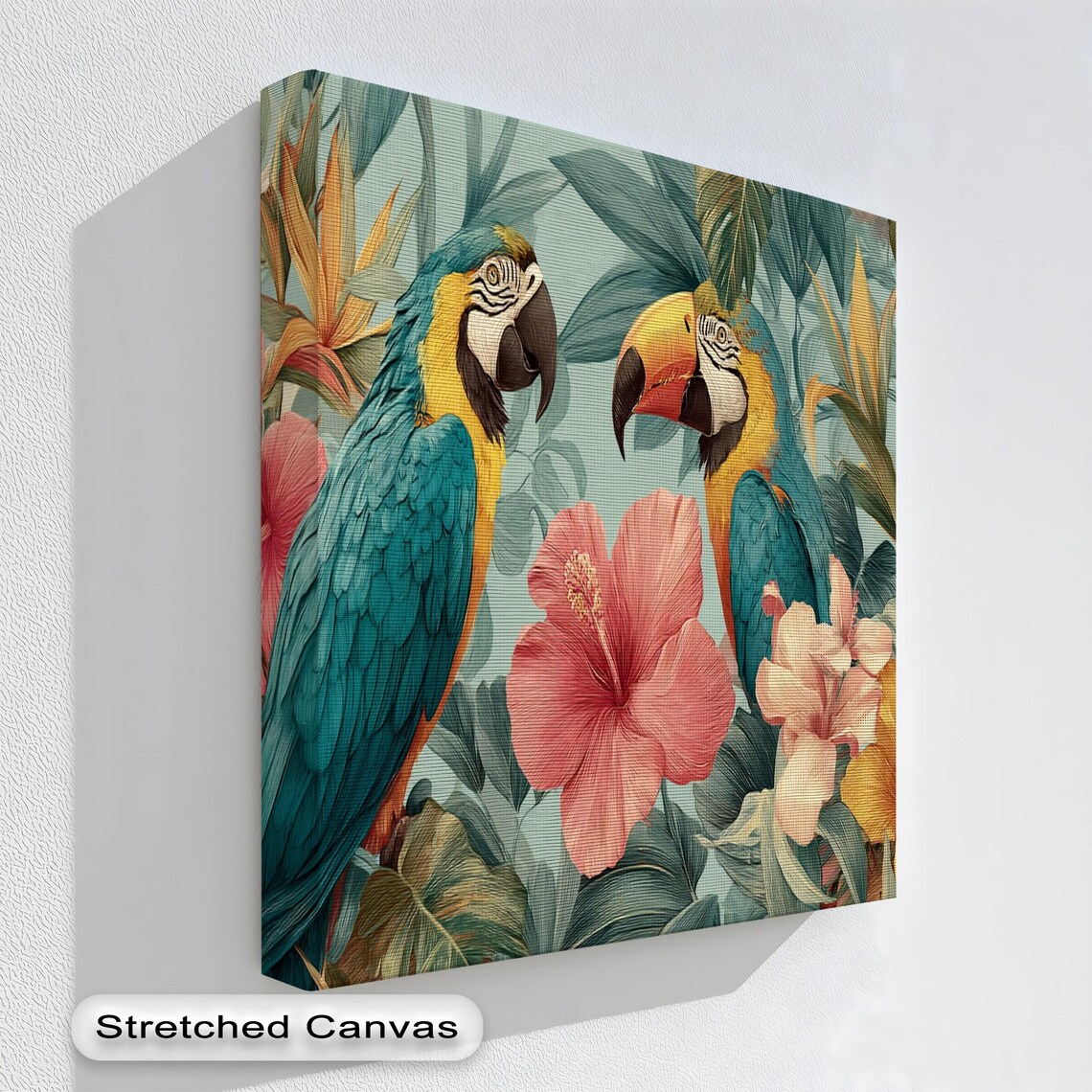 Tropical Macaw Glass Wall Art Jungle Hibiscus Flower Decor