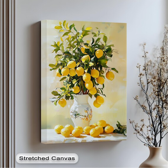 Lemon Tree Vase Still Life Canvas Print Bright Yellow Fruit Art Decor