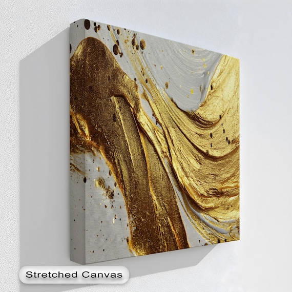 Gold Abstract Brushstroke Canvas Art Luxury Metallic Texture Floating Frame