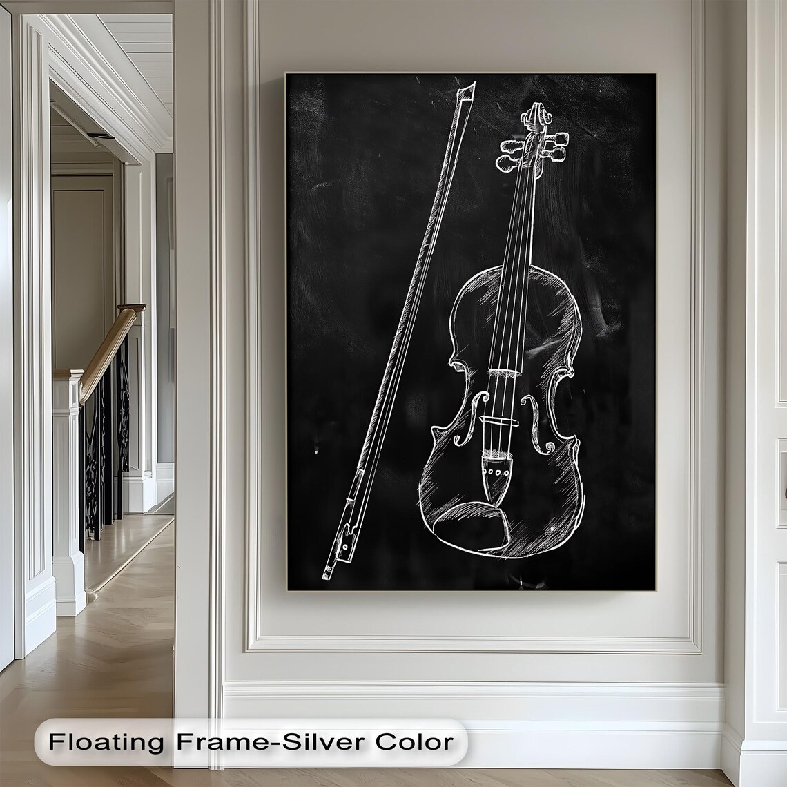 Violin And Bow Chalk Drawing On Blackboard Music Room Decor Wall Poster