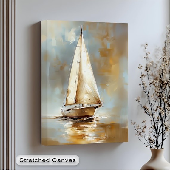 Golden Sailboat At Sunset Nautical Abstract Ocean Sailing Wall Art