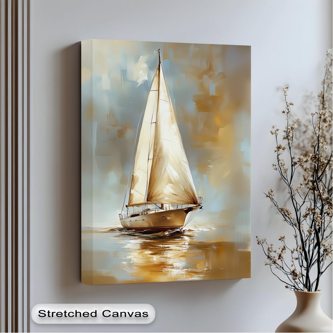 Golden Sailboat At Sunset Nautical Abstract Ocean Sailing Wall Art