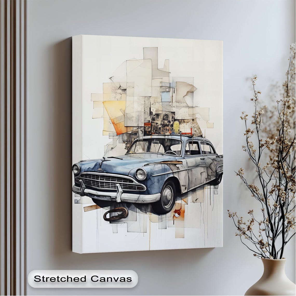 Vintage Blue Car Abstract Architectural Sketch Automotive Wall Art