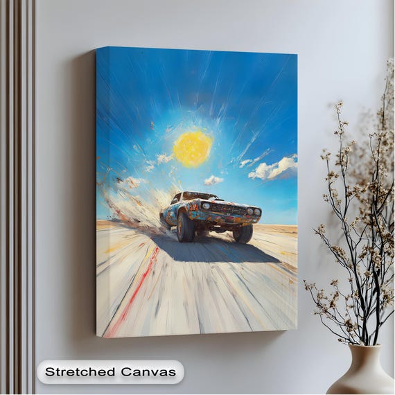 Retro Muscle Car Canvas Art Vibrant Racing Poster Sky