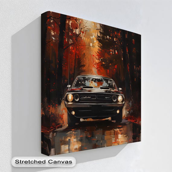 Black Classic Muscle Car Autumn Forest Road Dramatic Wall Print