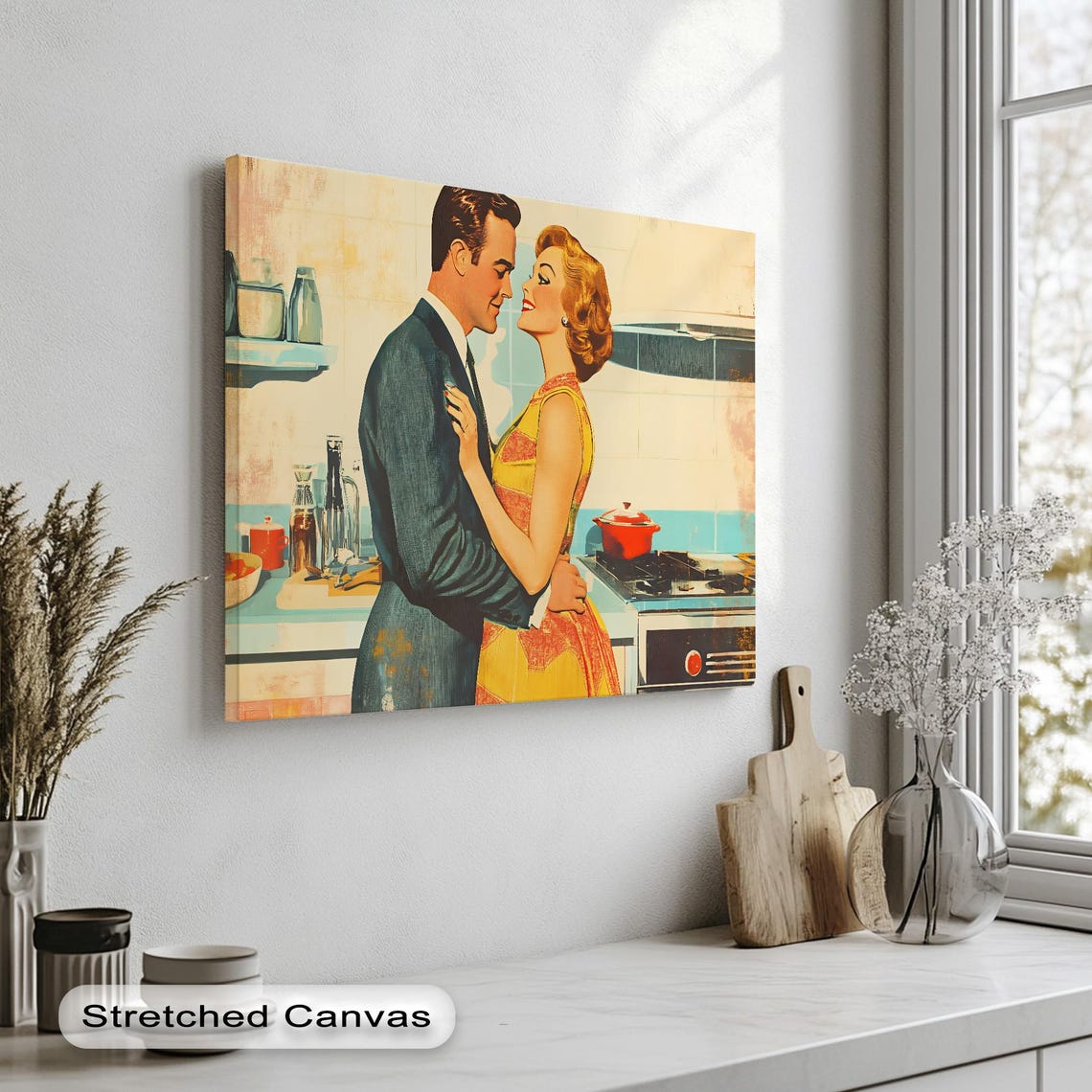 Vintage 1950s Couple Embracing In Retro Kitchen Romance Wall Poster